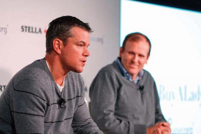 Water.org co-founders Matt Damon and Gary White participated in a panel session hosted by Stella Artois on Jan. 23 in Park City, Utah, regarding the current global water crisis. Rick Kern photo/Getty Images for Stella Artois